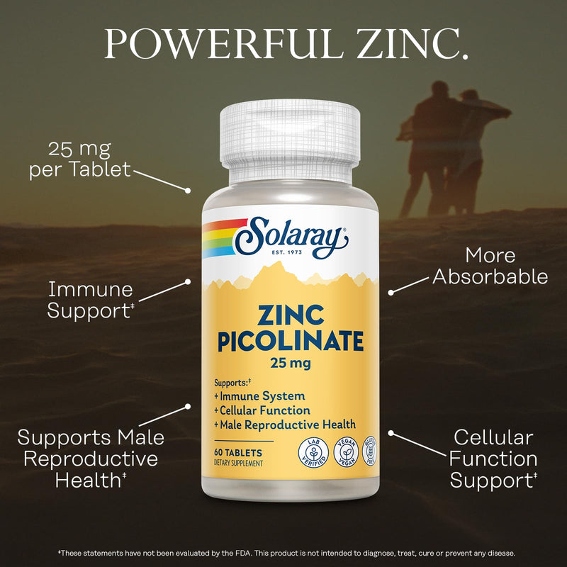 SOLARAY Zinc Picolinate 25 mg, 60 Tablets | Immune, Cellular & Skin Health Support, Highly Bioavailable Zinc Picolinate, 60 Servings, Vegan, Gluten Free, Lab Verified