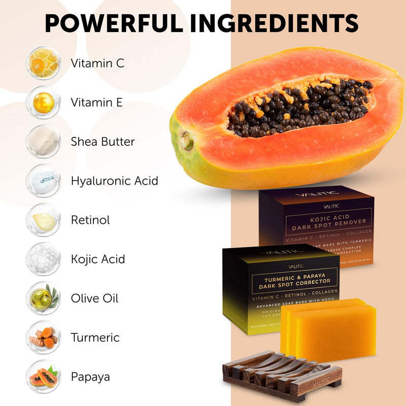 VALITIC Papaya and Turmeric Kojic Acid Soap Bar - Dark Spot Corrector Skin Care Cleansing Bar - Infused with Vitamin C, Hyaluronic Acid - Papaya 2 Pack, Kojic 2 Pack, Holder 2 Pack + 2 Pack + Holder