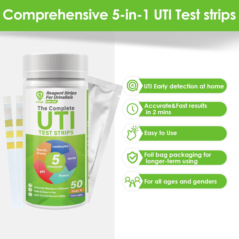 [Australia] - [50 Pack] 5-in-1 UTI Test Strips for Women, Men & Kids: Urinary Tract Infection Test Strips for Leukocytes,Nitrites,Protein, pH&Specific Gravity Home Use-50 Urine Cups Included 