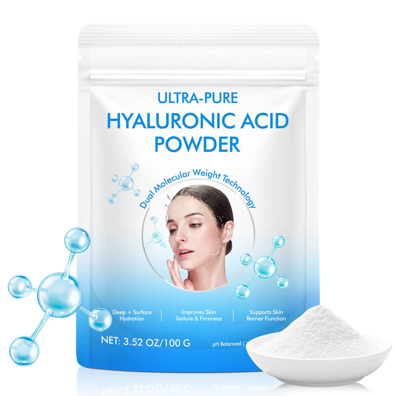 Pure Hyaluronic Acid Powder 100%,Dual Molecular Weight for Deep Hydration, Skin Smoothing & Plumping, Reduces Fine Lines, Ideal for DIY Serums and Daily Skincare,100g