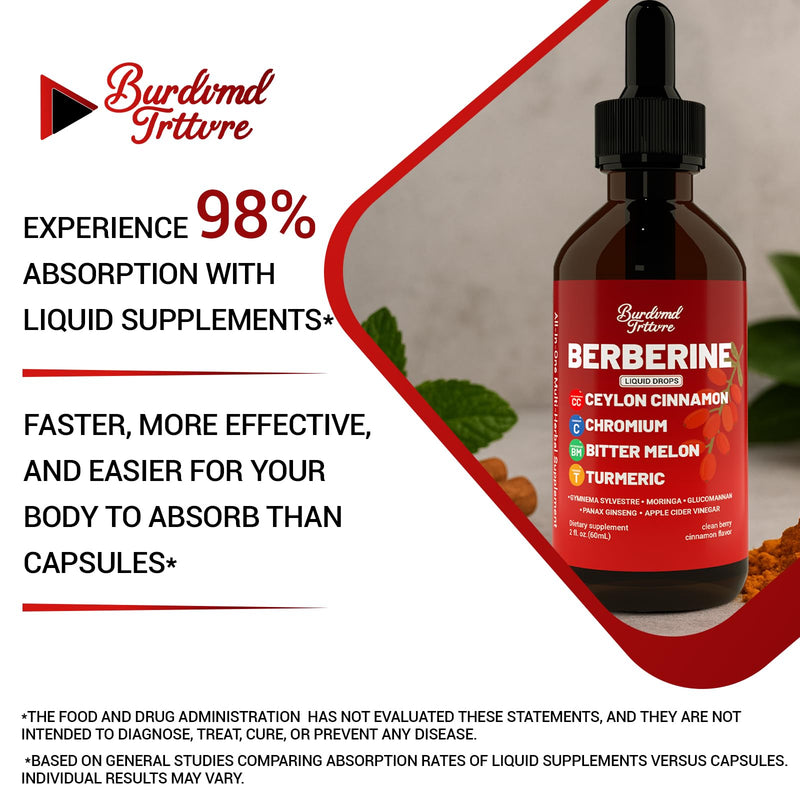 [Australia] - Berberine Drops with Ceylon Cinnamon Supplement, Berberine HCL, Chromium, Bitter Melon & Turmeric Liquid Drops for Immune Health & Metabolic Support, Fast Absorption - 4 fl oz 