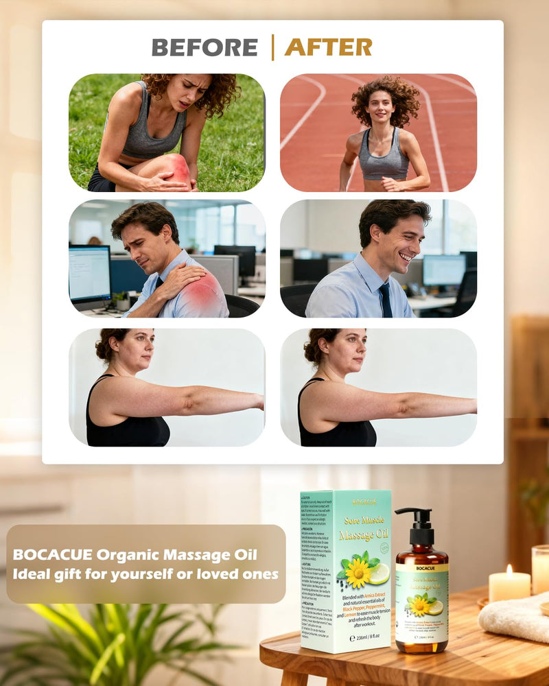 Sore Muscle Massage Oil for Massage Therapy, Arnica Oil for Muscle Relaxing & Lymphatic Drainage with Black Pepper, Peppermint & Grapeseed Oil, Essential Oils for Skin & Body Care, 8 fl oz