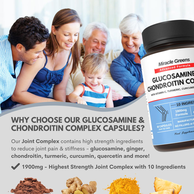 1900mg Glucosamine and Chondroitin Complex | High Strength with 10 Ingredients - Turmeric, Curcumin, Vitamin C, Quercetin, Ginger, MSM and More | Contributes to the Normal Function of Bones | UK Made