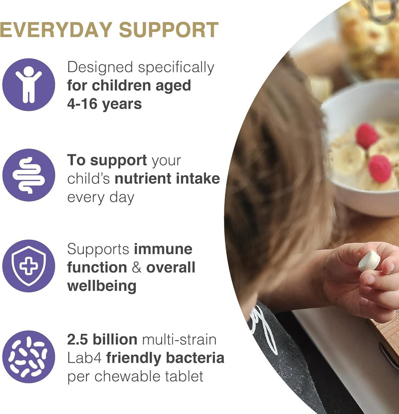 Proven Biotics Everyday for Children (4-16) | 60 Chewable Probiotic Tablets Blackcurrant | with 2.5 Billion Live Bacteria Vitamins Minerals | Immune Bone Energy Support
