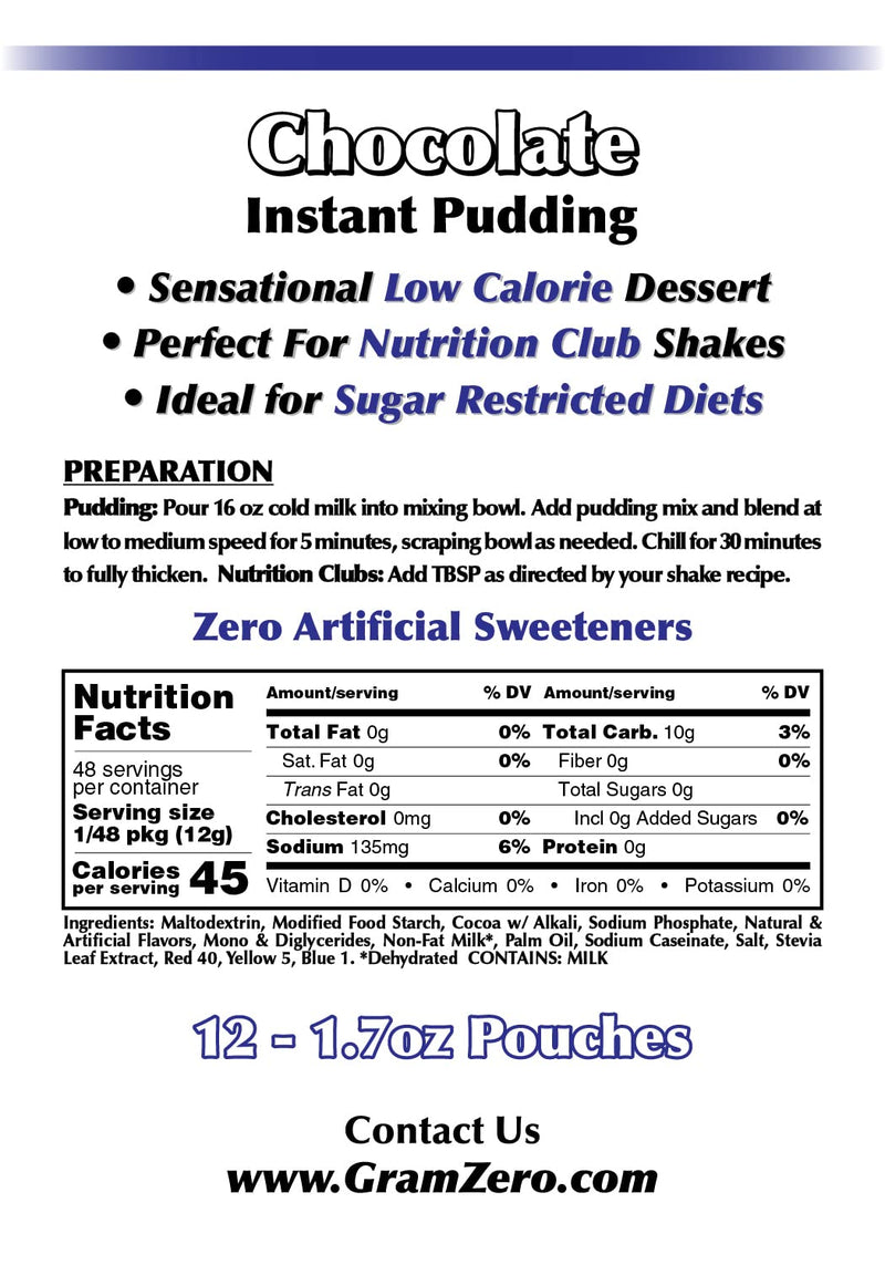 [Australia] - GramZero Chocolate Sugar Free Pudding Mix 12-Pack, Great For Nutrition Club Meal Replacement Shakes, Low Calorie Dessert, Stevia Sweetened 
