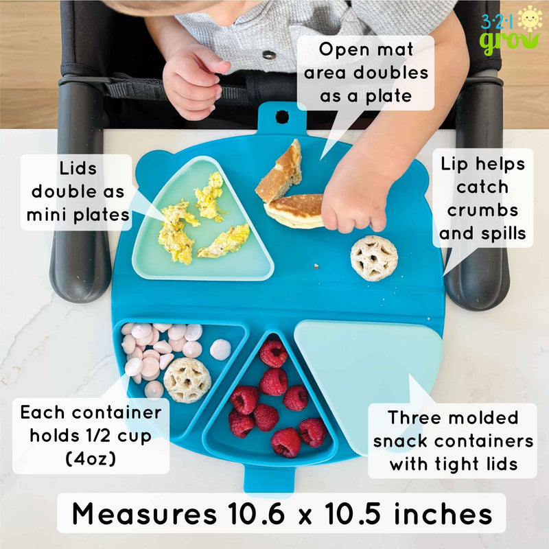 [Australia] - Silicone On-The-Go Snack Mat ‚Äì Foldable Reusable Placemat with 3 Compartments and Lids ‚Äì Travel-Friendly Baby and Toddler Snack Plate ‚Äì Dishwasher Safe (Aqua) Aqua 