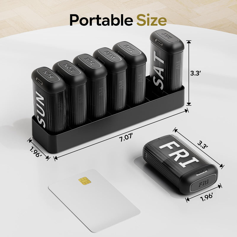 Daviky Weekly Pill Organizer 2 Times a Day, AM PM Removable Pill Box 7 Day | XL Cute Pill Case, Large Date Label, Slide to Open, Silicone Moisture-proof, Easy to Use for Fish Oil or Vitamins, Black