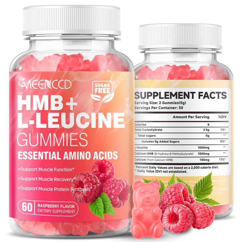 MEENCCD HMB and L-Leucine Gummies, HMB and Leucine Amino Acid for Muscle Growth, Muscle Maintenance, and Muscle Comfort, for Men & Women, Sugar-Free, Raspberry Flavor, 60 Count 60 Count (Pack of 1)