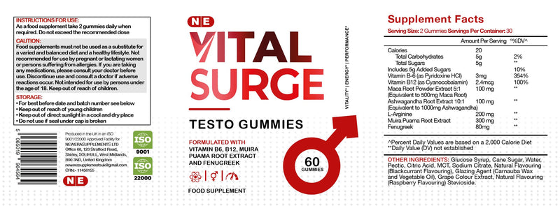 Vital Surge Testo Gummies, 60 Gummies, Formulated with Vitamins B6, B12, Muira Puama Root Extract and Fenugreek