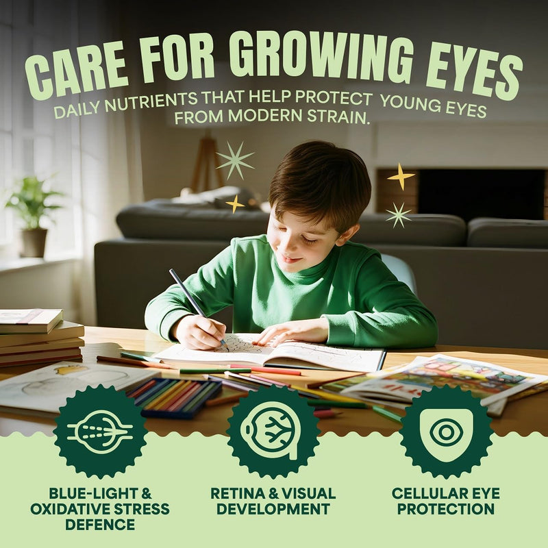 Kids Brain & Eye Health Gummies – 1‑a‑Day, Sugar‑Free, Vegan – Focus, Calm & Vision Support with Choline, Lutein & Saffron – Apple Flavour – 30‑Day Supply, Ages 4–13