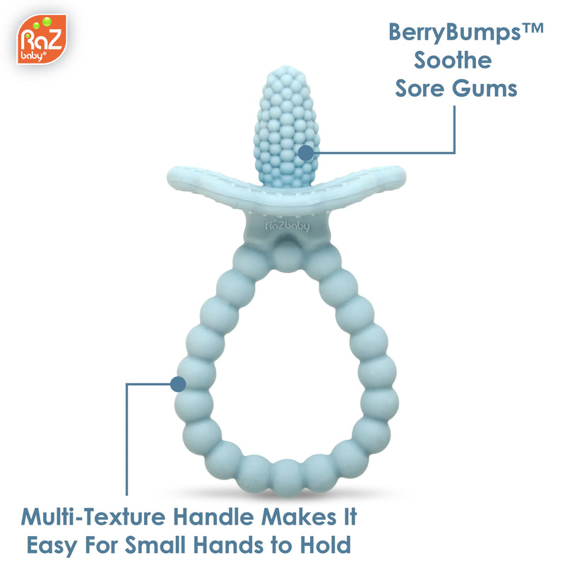 [Australia] - RaZbaby Silicone Baby Teether, BerryBumps Textured Silicone Soothes Babies’ Sore Gums, Infant Front and Back Teething Relief Toy, BPA Free, Easy-to-Hold, RaZberry Plus Fruit Shape, 3M+ – Blue 