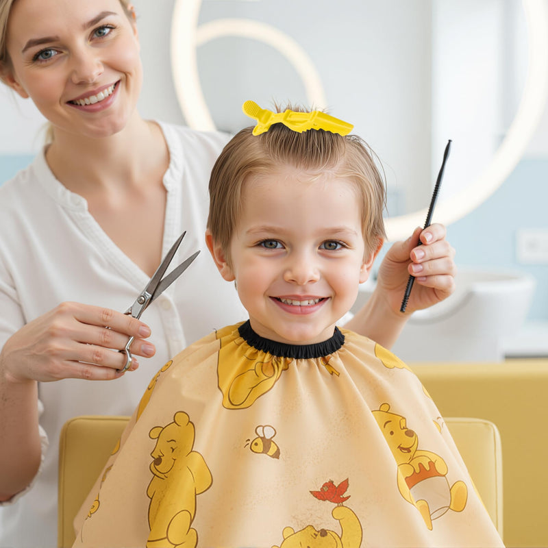 Barber Cape Duster Brush Clip Set- Cute Yellow Bear Theme Kids Hair Cutting Set Hairdressing Adjustable Neck Cape Hair Brush Duster With Clips Salon Barber Supplies for Children Boys Girls