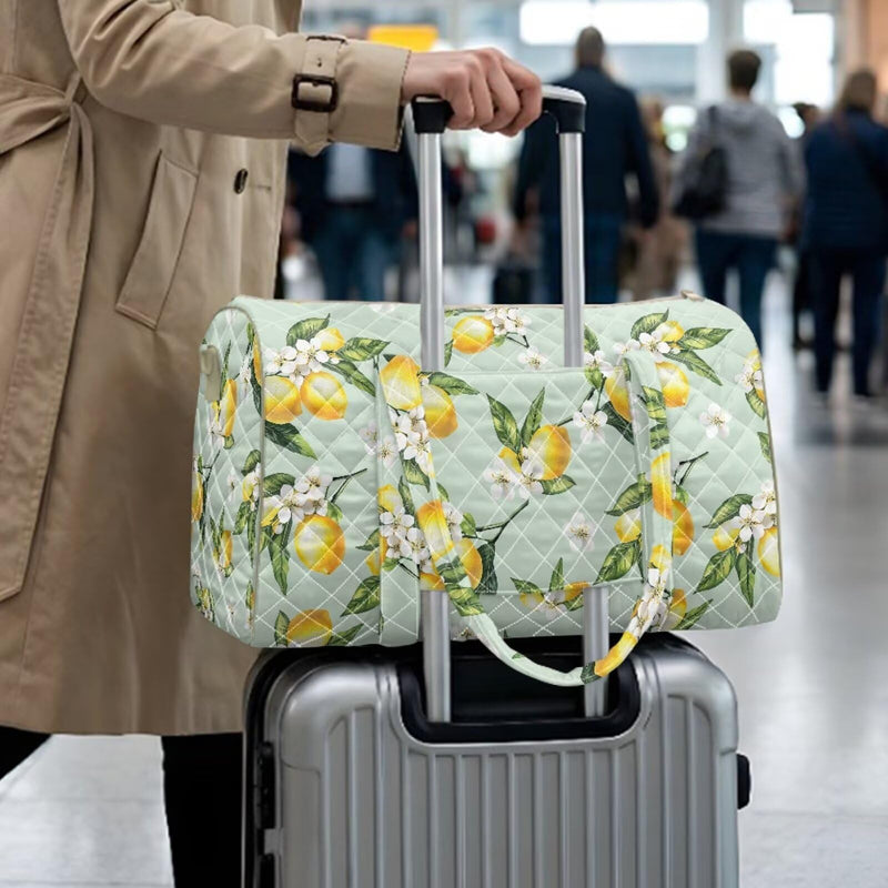 Quilted Weekender Bag Lemon Green Fresh Print Large Weekender with Adjustable Crossbody Strap Zesty Travel Bag for Overnight Trips