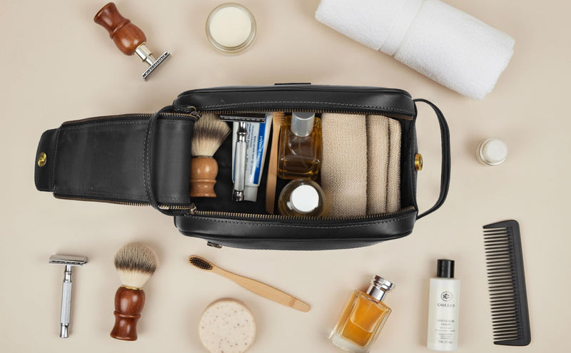 MDS® Genuine Leather Toiletry Bag for Men - Unisex Rustic Classic Vintage Handcrafted Full-Grain Leather Travel Dopp Kit with Waterproof Lining & Handle, Shaving & Grooming Kit Organizer Pouch, Black