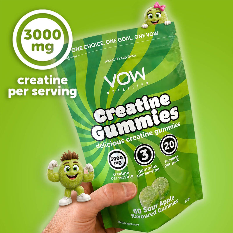 Vow Nutrition Creatine Gummies, 60 Gummys, Sour Apple, Creatine Monohydrate 3000mg (Sour Apple)