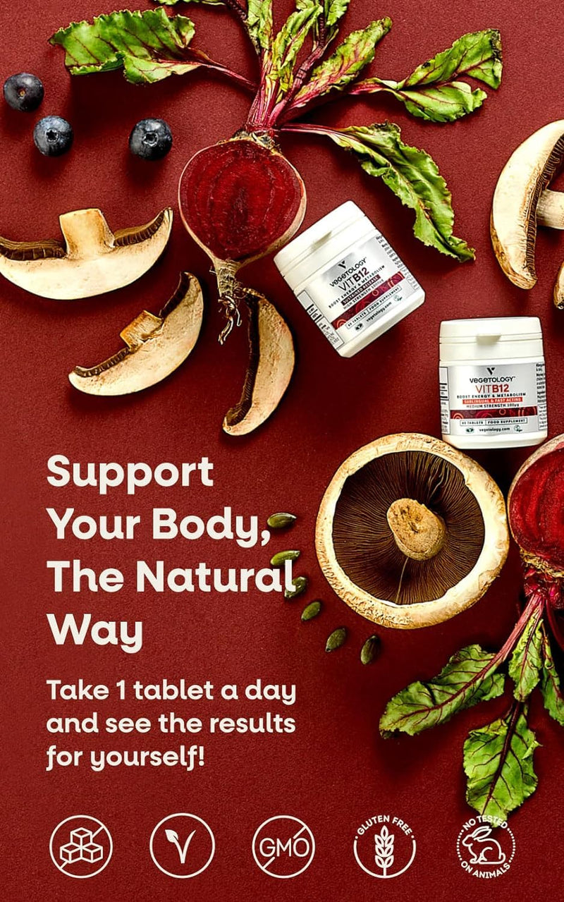 Vegetology Vegan Vitamin B12 1000 mcg - Sustained Release Tablets - Supports Normal Energy Metabolism & Nervous System Function - 60 Vegan Tablets, Made in The UK