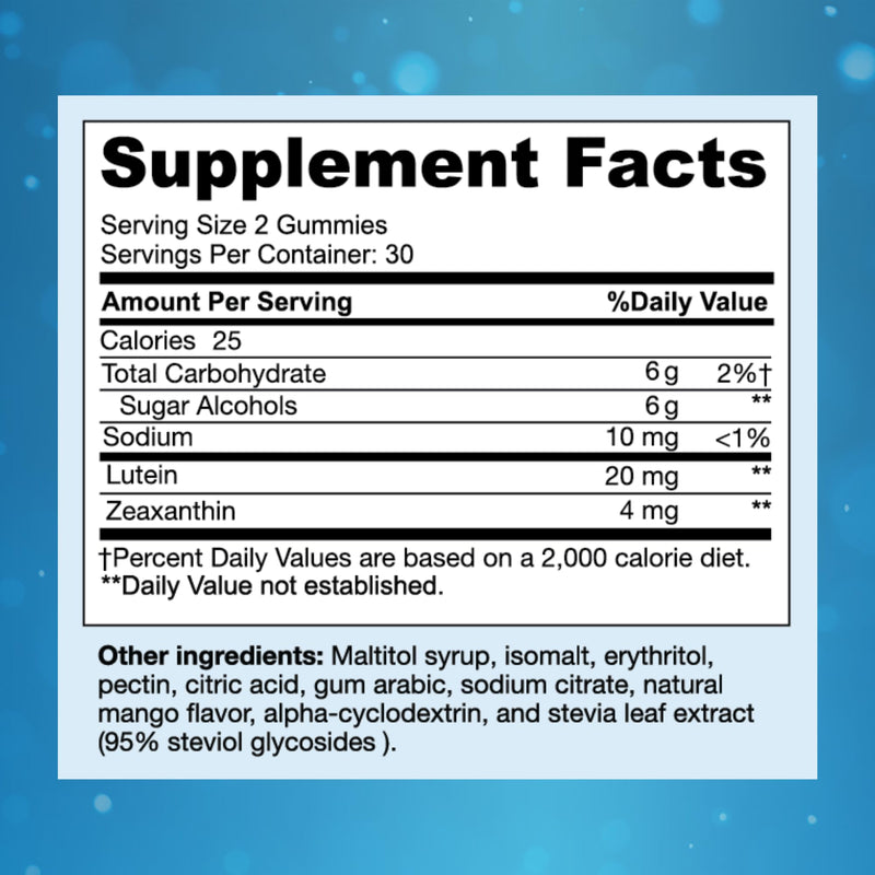 Focus Blue Light Mango Eye Vitamin Gummies, Lutein, Zeaxanthin, 60 Count | Support macular health, relieve eye fatigue, and protect vision from digital devices, made in USA, 30-day supply