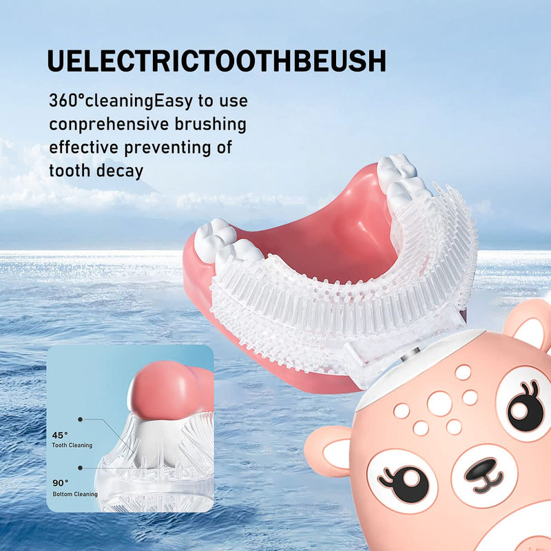 [Australia] - Kids Electric Toothbrushs U Shaped sonic Automatic Toothbrush with 4 Brush Heads, Six Cleaning Modes,Cartoon deer Modeling , full mouth toothbrush for baby Pink 7-14 Years 