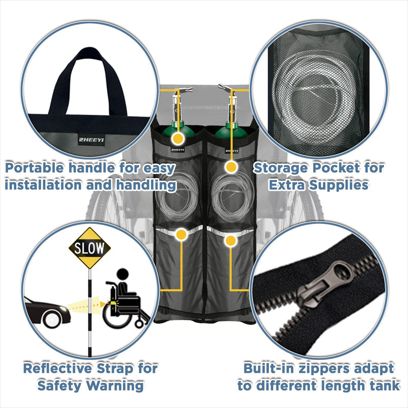 [Australia] - Dual Oxygen Tank Holder for Wheelchiars, Oxygen Cylinder Bag with Adjustable Zippers and Mesh Storage Pockets Fits Most Oxygen cylinders, Gray Gray- Dual 