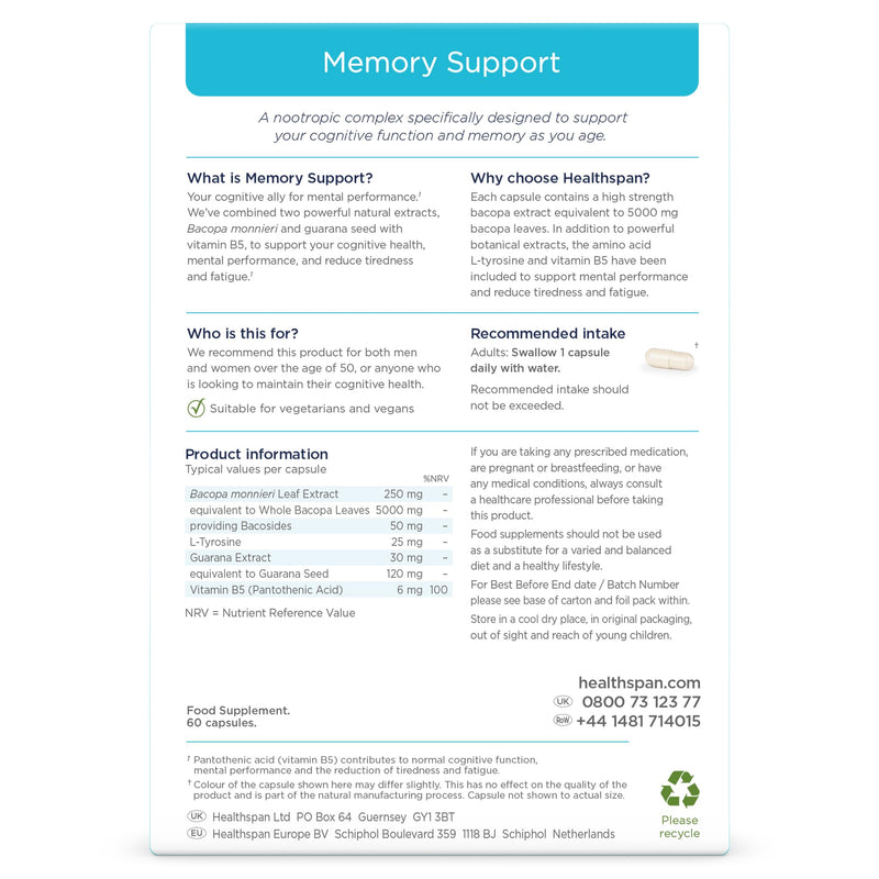 Healthspan Memory Support (60 Capsules) | Supports Your Concentration, Memory and Cognitive Health | Biotin and Zinc | Bacopa Monnieri Extract and Guarana for Alertness | Vegan