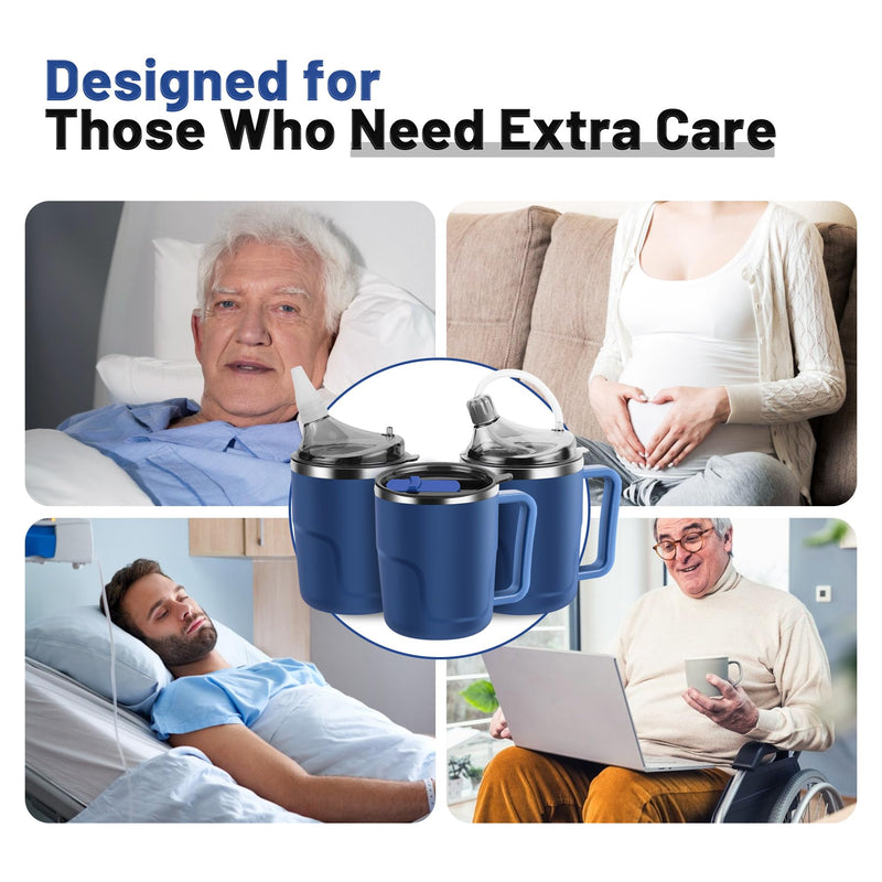 [Australia] - Adult Sippy Cup, 14oz Spill Proof Cup with Straw for Elderly, 3 in 1 Stainless Steel Sippy Cup with 2 Lids, No Spill Feeding Cups for Patient Disabled Maternity Drink Water Milk Soup - Blue 