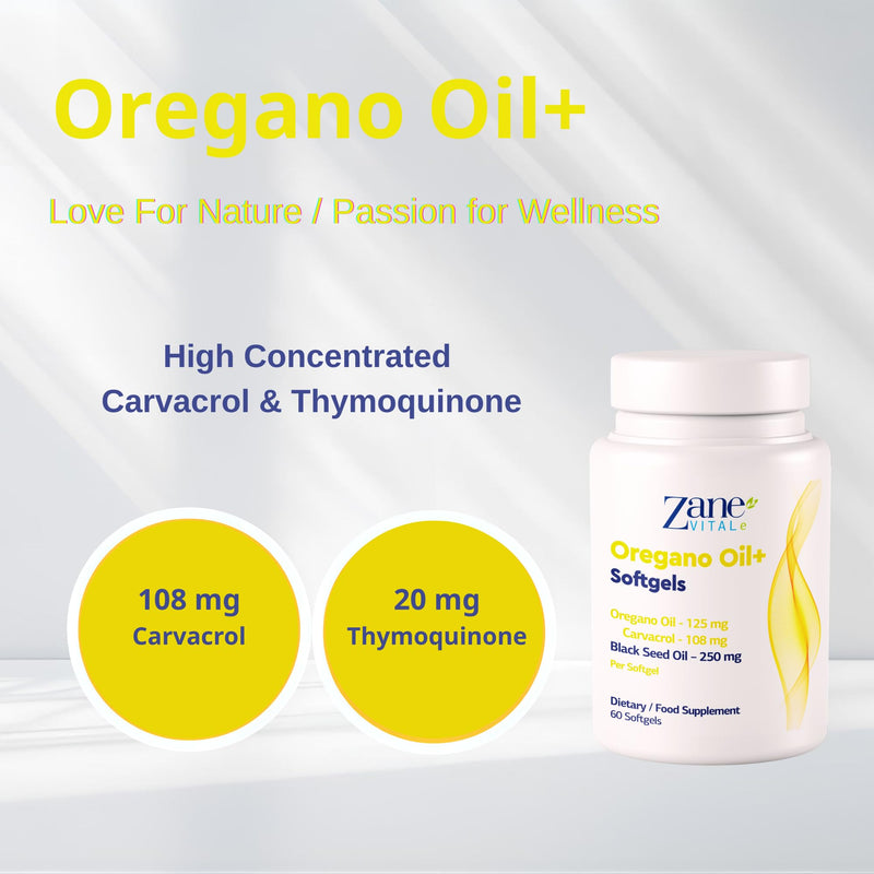 Zane Oregano Oil+ Oregano & Black Seed Oil Softgels – with Carvacrol & Thymoquinone – Dietary Supplement for Immune & Digestive Wellness - Non-GMO, Gluten-Free – 60 Softgels by Zane Vital.