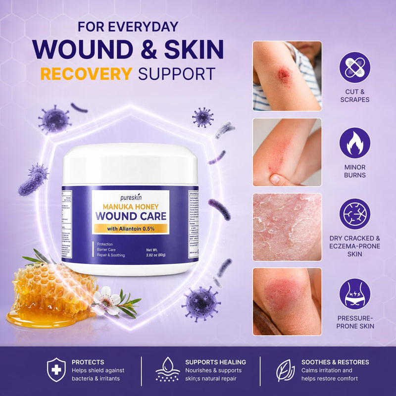 PURESKIN Manuka Honey Wound Care Ointment 2.82 oz (80 g): Manuka Honey Medical Grade Gel for Wounds, Cuts, Scrapes & Burns with Allantoin 0.5%, Tallow & Vitamin E - Fragrance-Free 2.82 Ounce (Pack of 1)