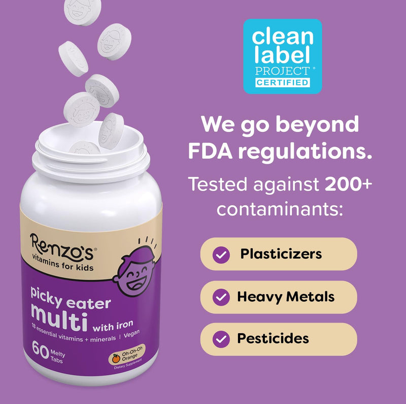 [Australia] - Renzo's Picky Eater Kids Multivitamin with Iron, Dissolving Kids Vitamins with Vitamin D3 and K2 and More, 60 Sugar-Free Melty Tabs, Lil‚Äô Green Apple Flavored 