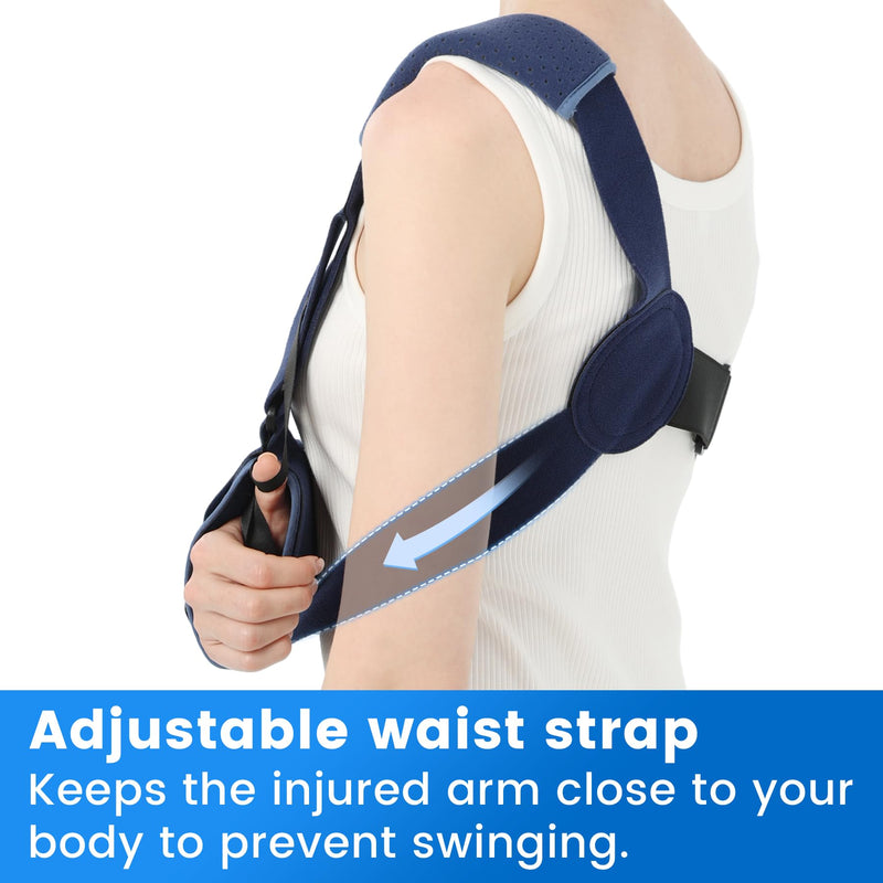 Velpeau Arm Sling Shoulder Immobilizer with Waist Strap, Ventilated & Breathable Design, Arm Support Brace for Shoulder, Rotator Cuff, Elbow, Hand injury (Mesh Version, Blue, Right, L: Bust 40-51″) Large Mesh Version-Right hand