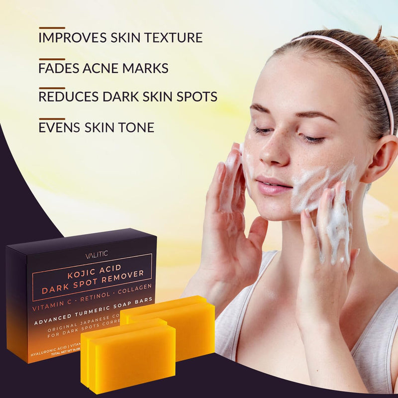 Valitic Kojic Acid Dark Spot Remover Soap Bar with Vitamin C, Retinol, Collagen, Turmeric - Original Japanese Complex - Hyaluronic Acid, Vitamin E, Shea Butter, Castile Oil ( 4 Pack ) With Soap Holder 4 Pack + Holder