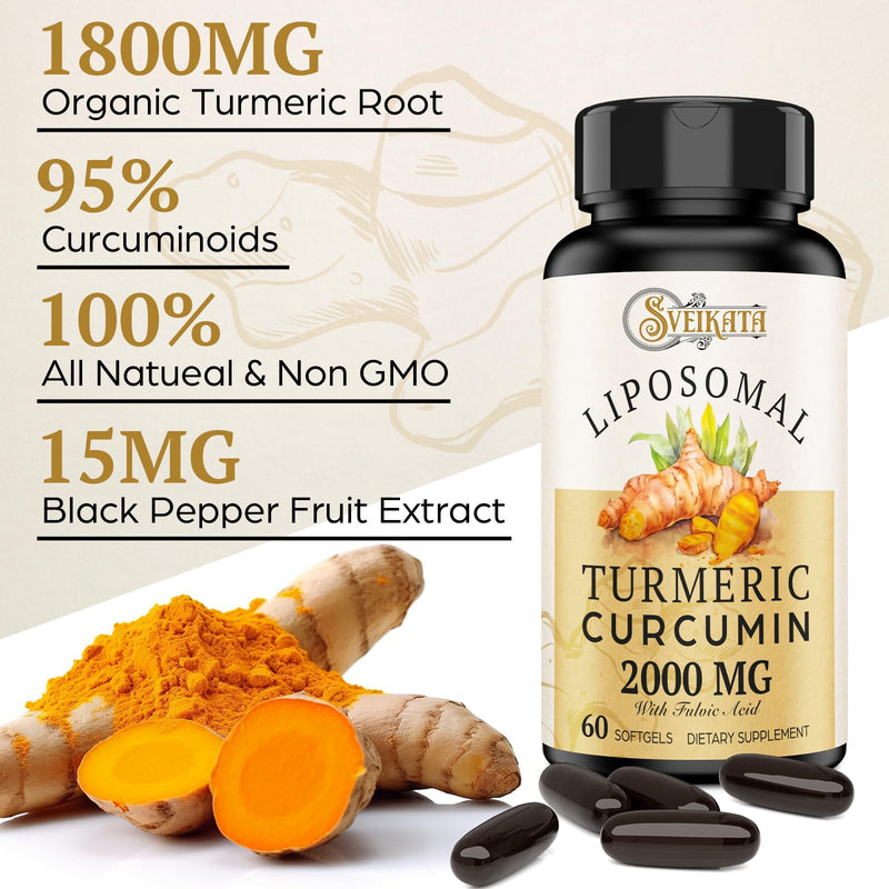 [Australia] - Liposomal Turmeric Curcumin Supplement 2000mg, 95% Standardized Curcuminoid Extract & Organic Root Powder with Piperine Black Pepper Fruit (15mg), 60 softgels, Non-GMO 60 Count (Pack of 1) 