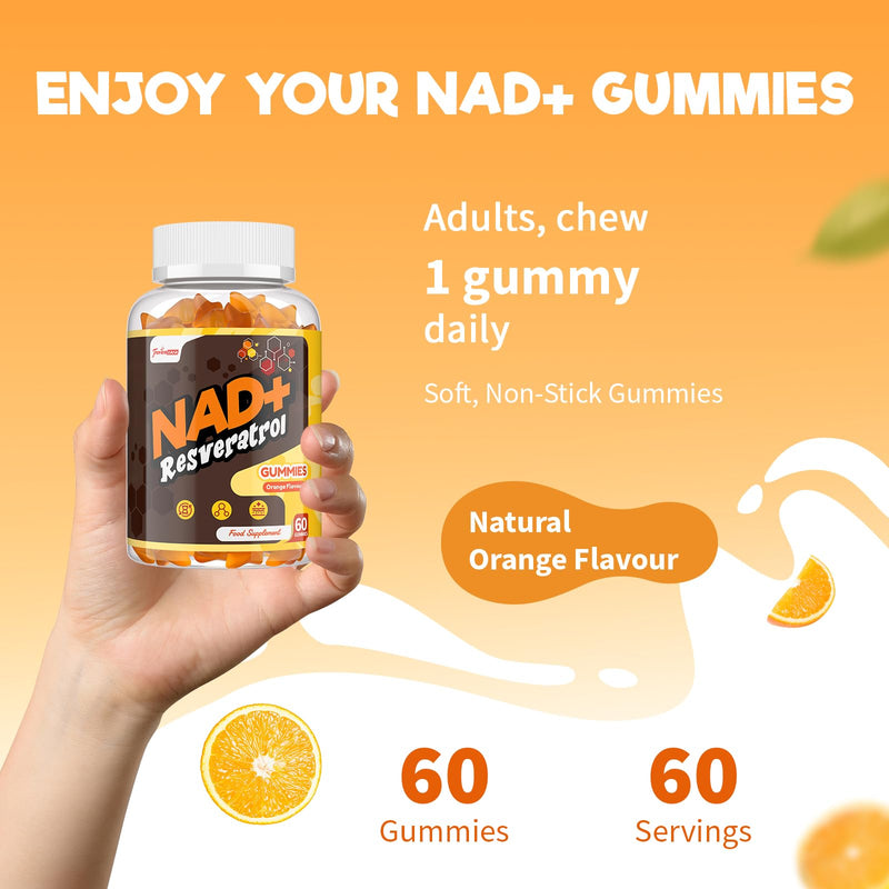 NAD+ Resveratrol Gummies 1310mg, High Absorption Formula with TMG, Hydrolysed Marine Collagen & Black Pepper Extract, NAD+ Supplement for Energy & Anti-Aging, Orange Flavour, 60 Gummies 60 count (Pack of 1)