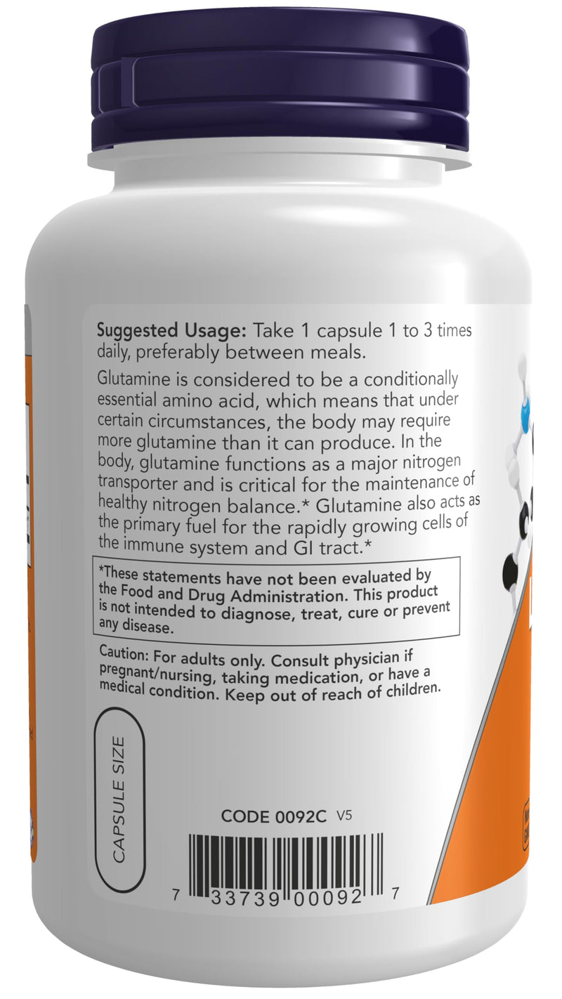 NOW Foods Supplements, L-Glutamine 500 mg, Nitrogen Transporter*, Amino Acid, 120 Veg Capsules, (Pack of 2) Unflavored 120 Count (Pack of 2)