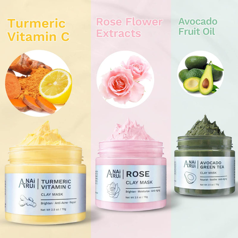 ANAI RUI SPA Mask Kit,Turmeric Vitamin C Mask,Rose Facial Mask-Avocado Green Tea Mud Mask+Ceramide Skin Barrier Serum,Skin Barrier Repair