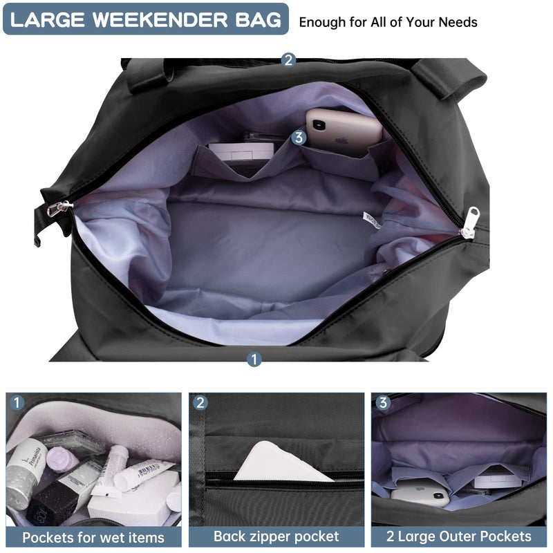 Oflamn Large Capacity Foldable Travel Carry On Duffel Tote Bag with Trolley Sleeve for Airplanes, Toiletry Bags for Women Men Black