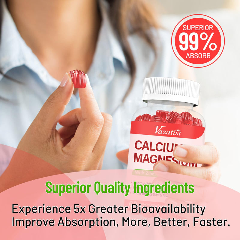 Calcium Magnesium Zinc Gummies with Vitamin D3 & K2, High Absorption Magnesium Glycinate Potassium for Immune and Calm Mood, Raspberry Flavor 120 Gummies 60 Count (Pack of 2)