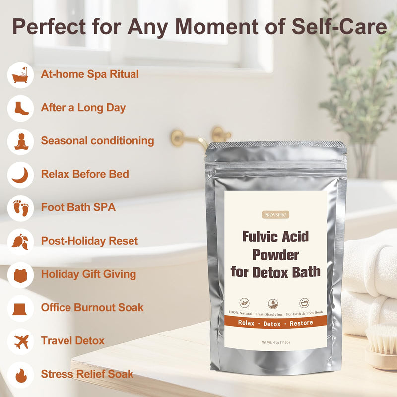 Fulvic Acid Detox Bath Powder 4oz – Natural Mineral Bath Soak for Foot & Body, Vegan Self-Care Spa Gift, No Additives, Gentle on Skin, Fast Dissolving, Includes 5g Scoop, Easy to Use