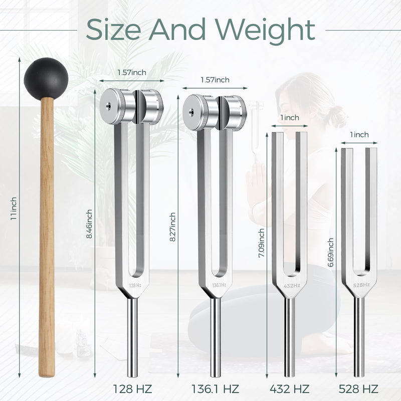 Tuning Forks for Healing Set, 128Hz 136.1Hz 432Hz 528Hz Sound Kit | Weighted and Unweighted Tuning Forks with Activator and Pouch for Meditation, Yoga, Sound Practice and Relaxation