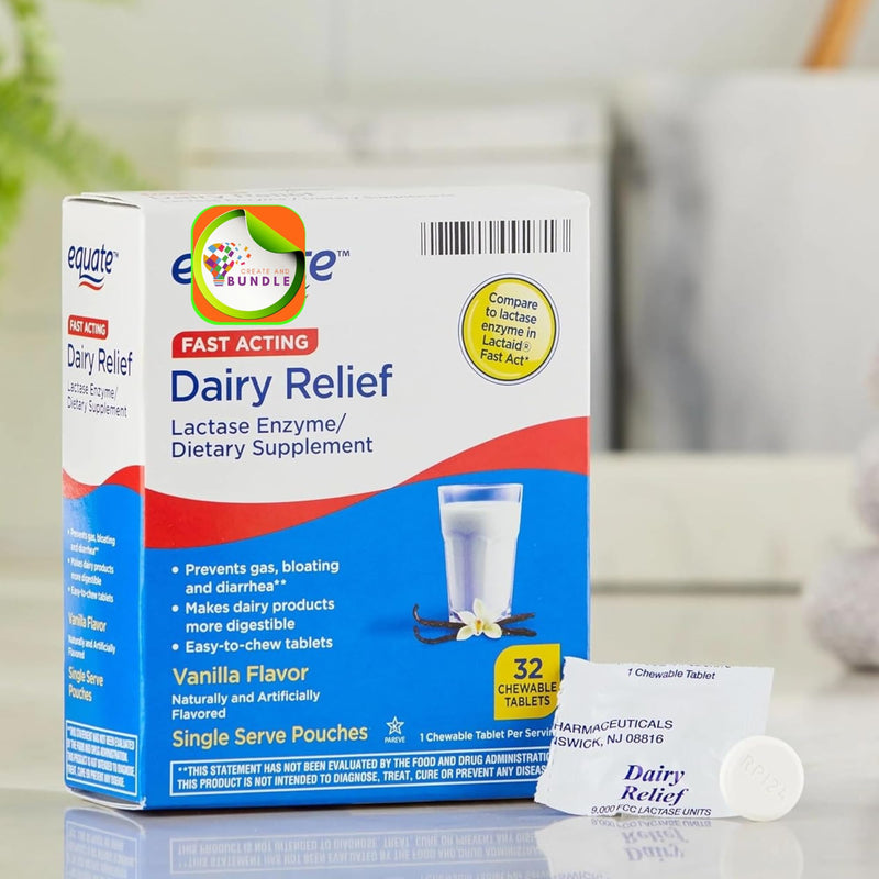 [Australia] - Equate Fast Acting Dairy Relief Lactase Enzyme Dietary Supplement Vanilla Flavor chewables Tablets 32 Count (Pack of 1) + CreativeAndBundle Sticker 