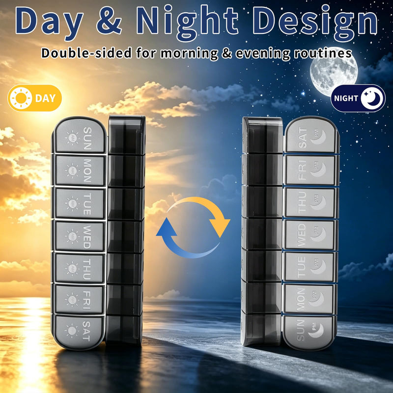 XL Weekly Pill Organizer AM PM Large Container Portable for Supplements | Day and Night,Black 7 Day Pill Case 2 Times a Day,Vitamin Holder Organizer,Travel Daily Pill Box for Fish Oil &Gummies Black