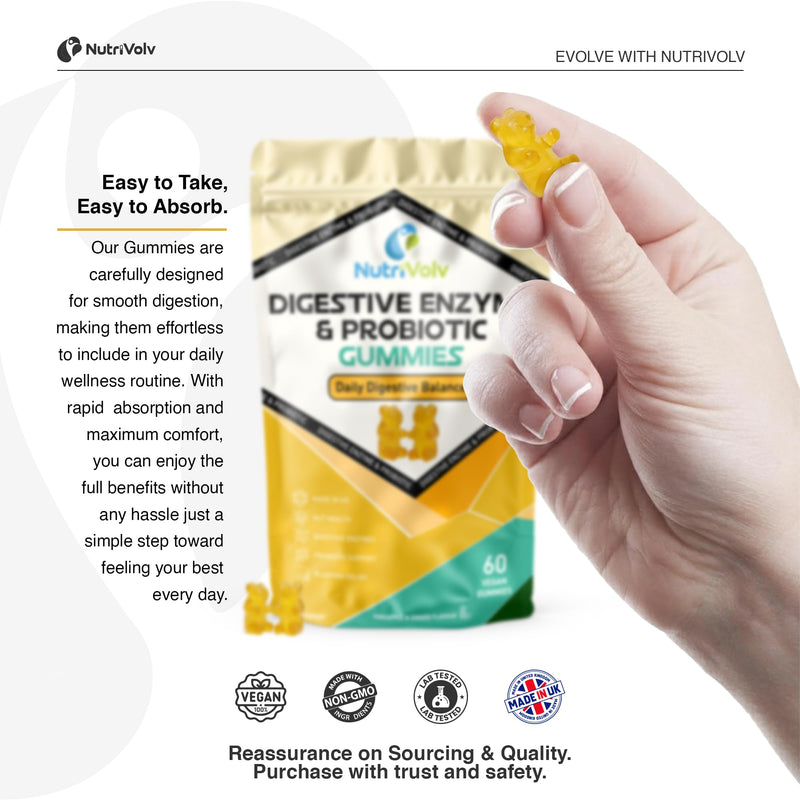 Digestive Enzyme & Probiotic Gummies | 60 Vegan Gummies | Inulin, Bacillus Coagulans, Papain, Bromelain & Ginger | Digestion & Bloating Comfort | Pineapple & Ginger Flavour | UK Made | by NutriVolv