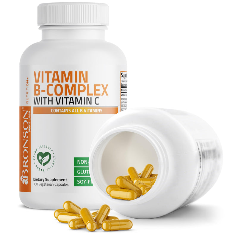 Bronson Vitamin B Complex with Vitamin C Vegetarian Capsules, 360 Count | Immune Health, Energy Support, Nervous System Support, Non-GMO, Soy-Free, Gluten-Free, Contains All B Vitamins Unflavored 360 Count (Pack of 1)