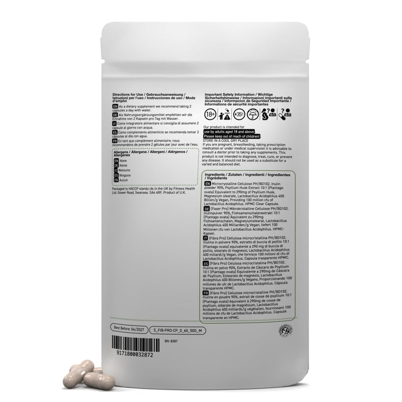Fibre Pro Complex Capsules - Inulin Powder - Husk Powder - Lactobacillus Acidophilus for Digestive System - Supplement 60 Capsules