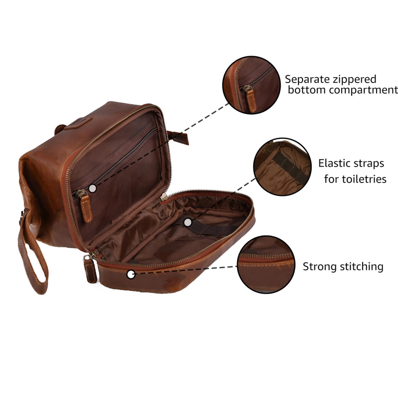LEATHER VILLAGE Leather Toiletry Bag for Men, Travel Dopp Kit Shaving Bag | Full grain buffalo leather, two zip compartments, 9.6x5.5x5.1 in, YKK zippers, water-resistant lining, shaving kit- Tan Sun Tan