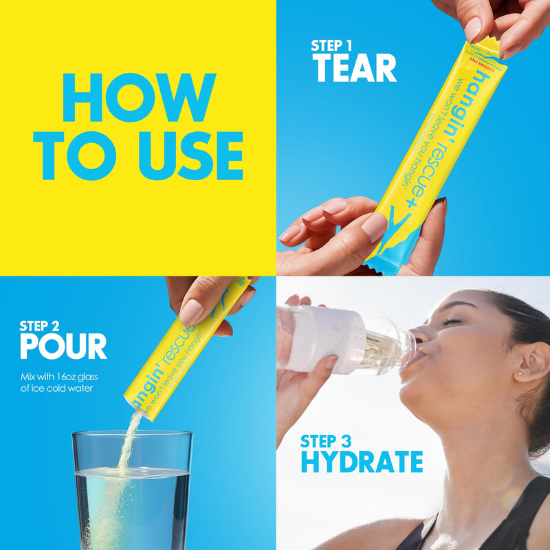 Hangin' Rescue+ Electrolyte Drink Mix | Rehydrate, Reduce Fatigue & Protect Cells with Electrolytes, B6, C, Taurine & L-Cysteine | Caffeine-Free | Travel-Ready | 13.4g Each (12, Original) 12