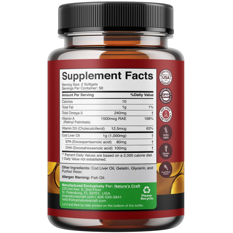 [Australia] - Icelandic Cod Liver Oil Softgels - Wild Caught EPA DHA Omega 3 Fish Oil 1000mg per serving - Sustainably Sourced Burpless Fish Oil Supplement with Vitamin D3 & A for Heart Joint Brain & Immune Support 100 Count (Pack of 1) 