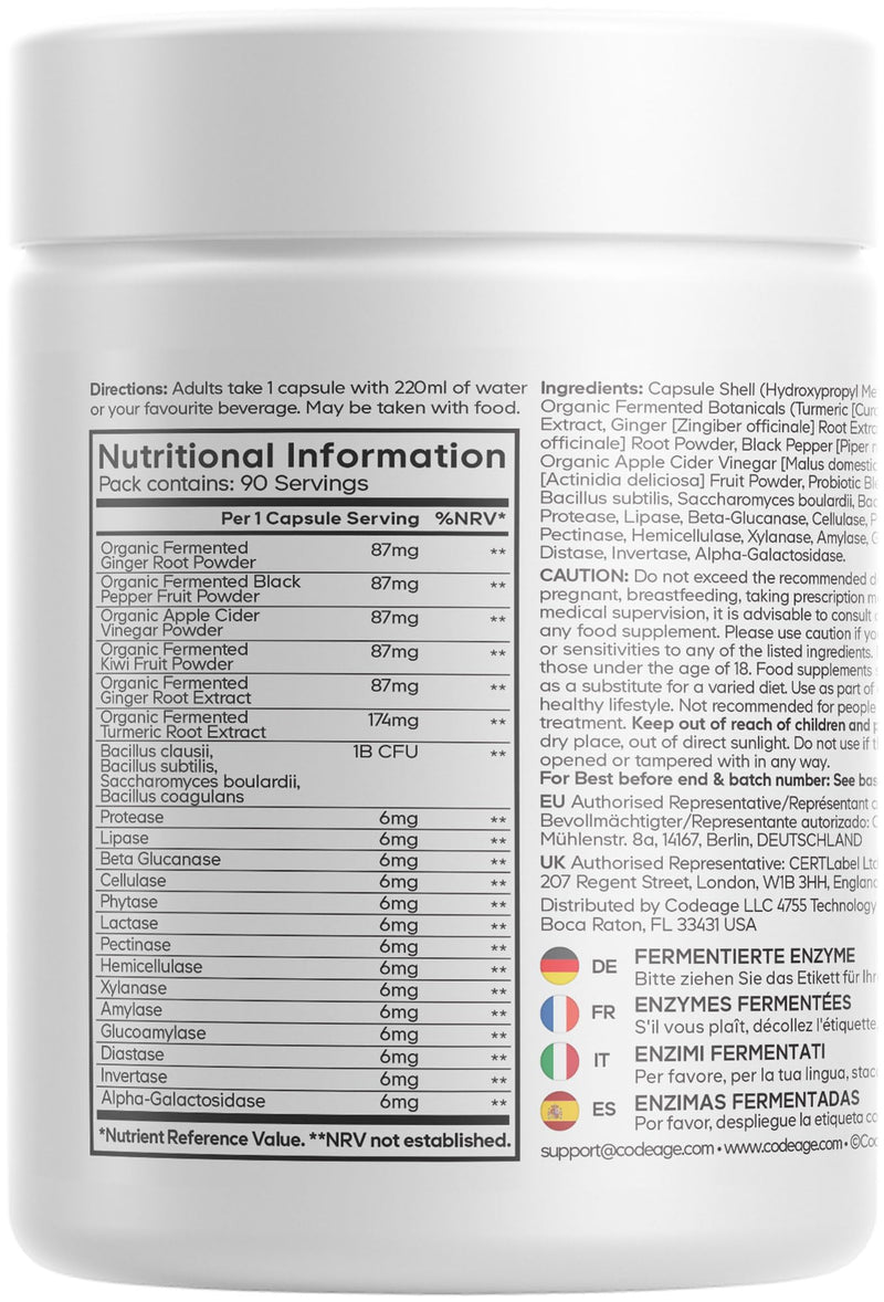 Codeage Fermented Digestive Enzymes Supplement - 14 Digestive Enzymes, Probiotics, Prebiotics, Fermented Botanicals - 3-Month Supply- 90 Capsules