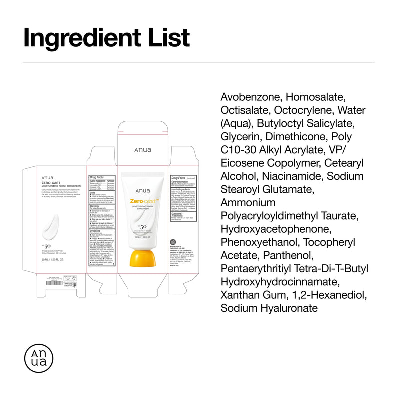 [Australia] - Anua Zero-Cast Moisturizing Finish Sunscreen,SPF 50, Glow Natural Sunscreen,No White cast, Hyaluronic Acid, Niacinamide sun block for face,Oil-Free, Oxybenzone free, Travel Essential (50ml/1.69fl.oz) 