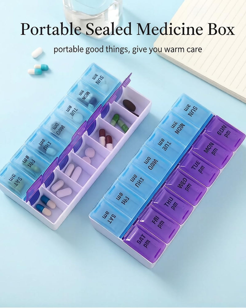 Pill Organizer,14 Compartment Weekly Portable Pill Dispenser Reminder,Travel Daily Pill Case Box Holder, Medication Planner for Vitamin,Medicine,Fish Oil,Supplements(Blue/Purple, Large) Blue/Purple