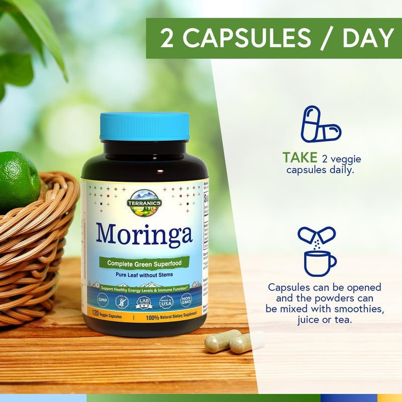 Terranics Moringa Capsules, Pure Moringa Oleifera Leaf Powder, Energy, Skin, Immune Health, Non GMO, No Gluten, Natural Green Superfood Supplement, 120 Vegan Caps 120 Count (Pack of 1)